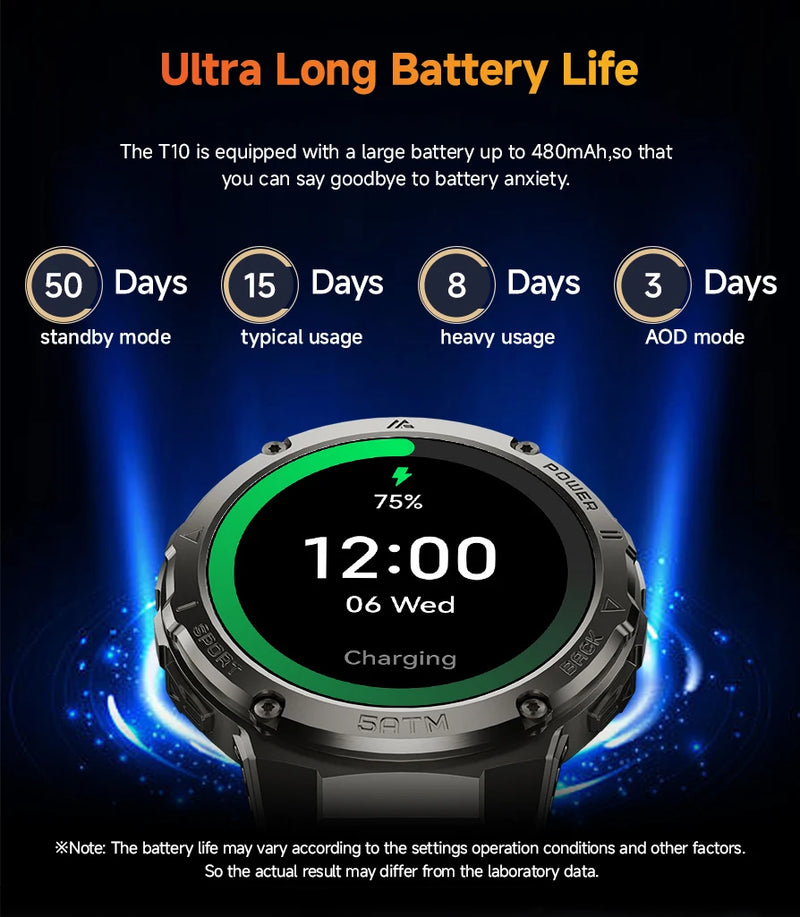 Simsonlab T10 5 ATM Waterproof Sport Smartwatches  For Men 450mAh Big Battery Health Monitoring