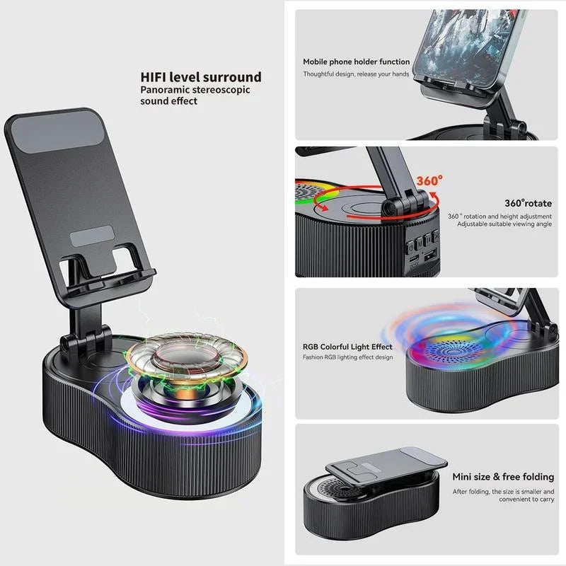 360°rotatable Adjustable FoldingLift-non-slip Phone Holder Wireless Speaker with Colorful Ambient Light 5.3 HDSurround Subwoofer