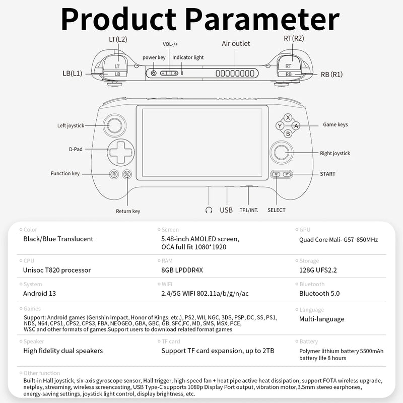 Anbernic rg556 console de jogos portátil 5.48 polegadas tela amoled 1080*1920 a