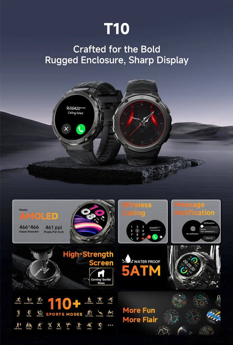 Simsonlab T10 5 ATM Waterproof Sport Smartwatches  For Men 450mAh Big Battery Health Monitoring